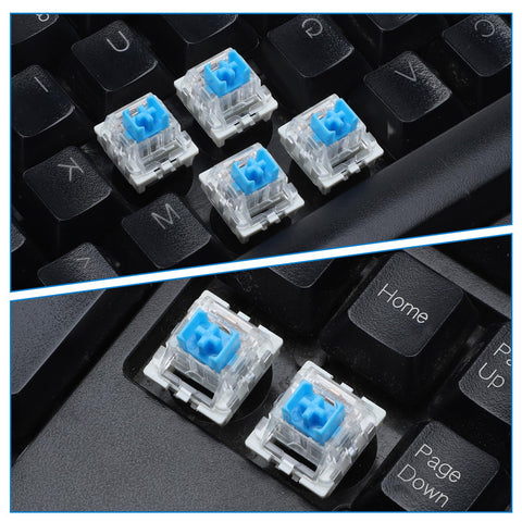 Blue Clicky 3 Pin Mechanical Keyboard Switches Set For Gaming Keyboards, Dustproof 45 Pack, 50gf Actuation, 2.2mm Point, 4mm Travel, Crisp Tactile Feedback, Replacement Keys For Fast Typing And Gaming on black keyboard