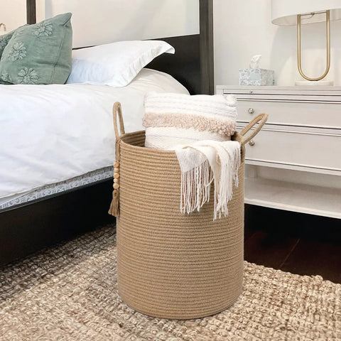Boho Jute Laundry Hamper Basket With Handles Tall Wicker Hamper For Nursery And Laundry Room Roomy Woven Blanket Storage