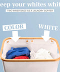 Double 40 Gallon Laundry Basket With Lid Breathable Fabric Hamper showing two inner bags for color and white sorting.