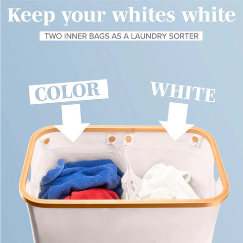 Double 40 Gallon Laundry Basket With Lid Breathable Fabric Hamper showing two inner bags for color and white sorting.