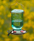 Vintage Aqua Mason Jar Hummingbird Feeder With Five Feeding Stations, 25 Ounce Glass Outdoor Backyard Bird Feeder, hanging on hook