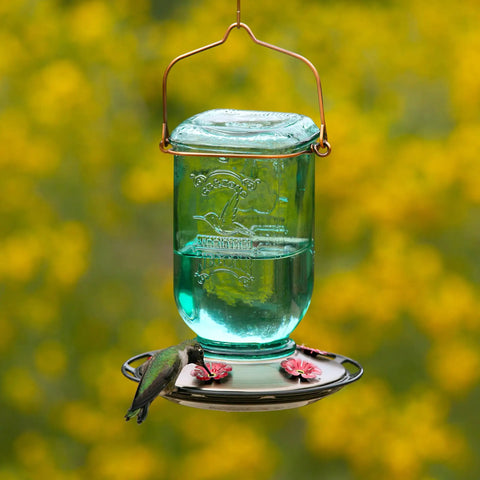 Vintage Aqua Mason Jar Hummingbird Feeder With Five Feeding Stations, 25 Ounce Glass Outdoor Backyard Bird Feeder, hanging on hook