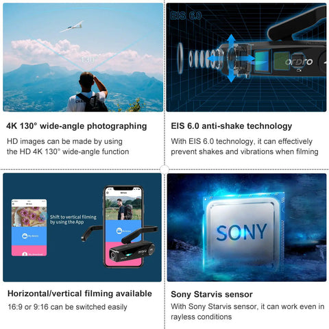 Features of Head Mounted 4K Video Camera for Hands Free Vlogging Wearable UHD 1080p 60fps Action Cam with WiFi App Control EIS 6.0