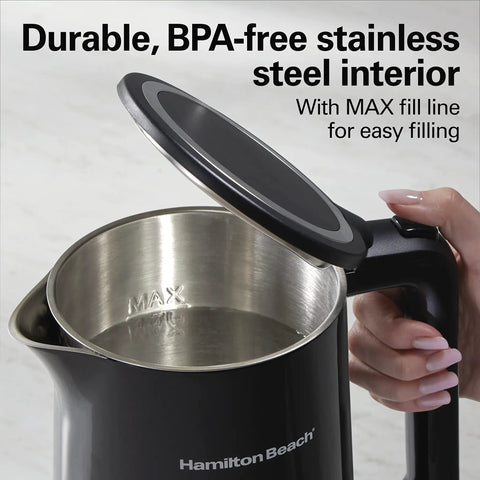 Inside view of Digital Temperature Control Tea Kettle 1.7L With 5 Preset Modes, showing BPA free stainless steel interior and lid.