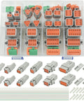 205 Piece Plug And Play Connector Kit shown with 2-12 pin IP67 waterproof connectors, solid contacts, sealing plugs, and trestles