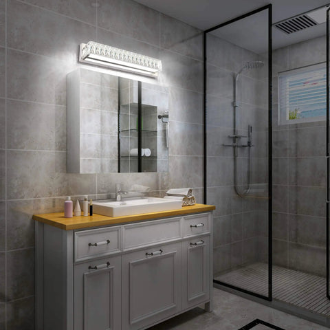 Bathroom with Crystal Chrome LED Vanity Light Bar For Bathroom, Dimmable And Flicker-Free 18W Over Mirror Fixture above mirror