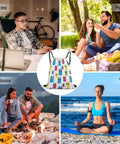 Lightweight Drawstring Sackpack For Gym And Travel Durable Polyester Secure Braided Drawstring To Keep Belongings Safe Ideal Beach Bag Everyday Use With Rainbow Llama Sunglasses Design displayed at different use settings: office, picnic, outdoors, and yoga.