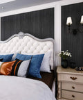 Bedroom wall with Black Wood Countertop Contact Paper Peel And Stick Waterproof Self Adhesive Faux Wood Grain Vinyl Wrap For Countertops, Cabinets, Walls, And Furniture 15.8 X 393 Inches 43 Sq Ft behind headboard.
