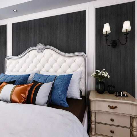 Bedroom wall with Black Wood Countertop Contact Paper Peel And Stick Waterproof Self Adhesive Faux Wood Grain Vinyl Wrap For Countertops, Cabinets, Walls, And Furniture 15.8 X 393 Inches 43 Sq Ft behind headboard.