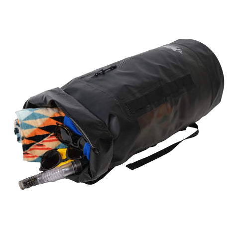 ExoDry 30L Large Drybag With Roll Top Closure Waterproof 500D PVC Black filled with gear, showing backpack straps