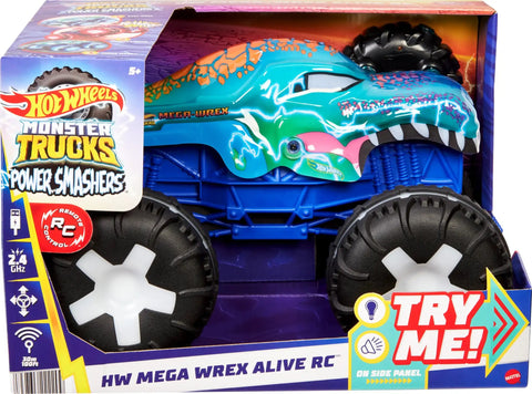 Mega-Wrex 1:15 Scale RC Monster Truck With Lights And Sounds in packaging, showcasing colorful dinosaur-themed design and large wheels.