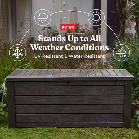 Beefy 150 Gallon Resin Outdoor Deck Box For Patio Storage And Organization Weatherproof Garden Tools Cushions Safe Bench