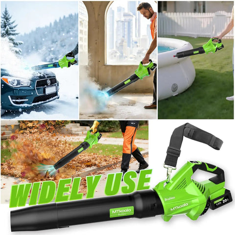 Person using Beast Cordless Leaf Blower With Upgraded 1200W Brushless Motor for snow, dust, and leaf removal in green.
