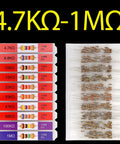 Carbon Resistor Assortment Kit 1/4W 5 Percent Tolerance 100 Ohm To 1 Megaohm, 1000 Pieces, labeled resistors in compartments