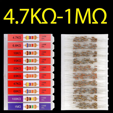 Carbon Resistor Assortment Kit 1/4W 5 Percent Tolerance 100 Ohm To 1 Megaohm, 1000 Pieces, labeled resistors in compartments