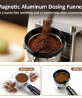 Magnetic dosing funnel with ground coffee in 51mm portafilter, part of Ultimate 4 In 1 Espresso Accessories Kit For 51mm Portafilters