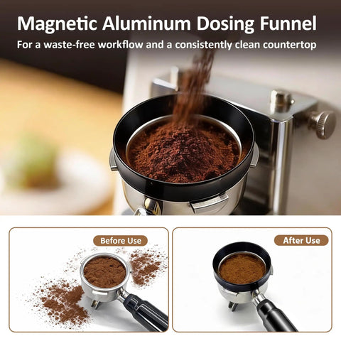 Magnetic dosing funnel with ground coffee in 51mm portafilter, part of Ultimate 4 In 1 Espresso Accessories Kit For 51mm Portafilters