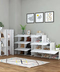 Room setup with Six Tier Shoe Storage Cabinet For 24 Pairs Of Shoes Plastic Shelves Organizer displaying shoes and plants.