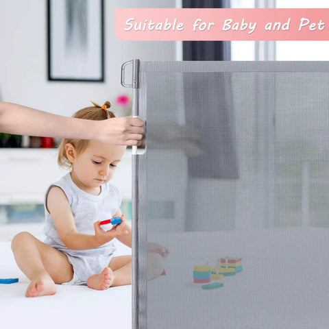 Retractable Safety Barrier Gate for Stairs and Doors Extra Wide 54 Inch Mesh Baby and Pet Gate with child playing nearby