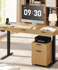 Smooth Operator Electric Standing Desk With Slim File Cabinet 63 Inch Height Adjustable Sit Stand Work Table with oak top.