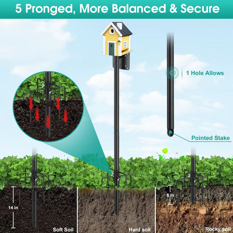 Heavy Duty Outdoor Bird Feeder Pole Kit With 60 Inch Ground Mount, 5 Prong Base, Adjustable Feeding Stand For Bird Watching