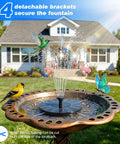 Sun Powered Garden Pond Fountain Pump With Six Nozzles, No Batteries Needed, Easy Setup For Bird Bath, Pond, Pool, Fish Tank And Outdoor Decor Eco Friendly Solar Water Feature in bird bath with hummingbird and butterfly
