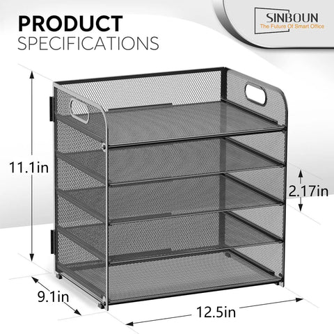 Five Tier Letter Tray Desk Organizer with handle and mesh design, measurements 11.1x9.1x12.5 inches, black 5 layer document shelf.