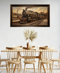 Dope 3D Large Wall Art of Retro Steam Locomotive Station Scene Vintage Industrial Railway Painting on Matte Fabric above dining table.