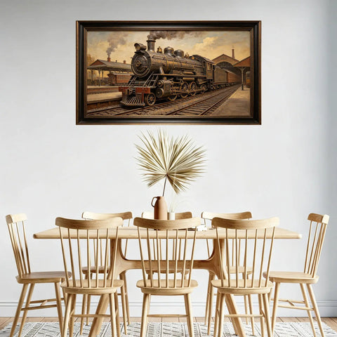 Dope 3D Large Wall Art of Retro Steam Locomotive Station Scene Vintage Industrial Railway Painting on Matte Fabric above dining table.
