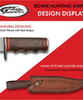 Full Tang Hunting Knife 12 Inch With Stainless Steel Blade Wood Handle And Sheath For Camping Hiking And Outdoor Adventures Real Rugged Everyday Carry For Men showing knife handle and leather sheath