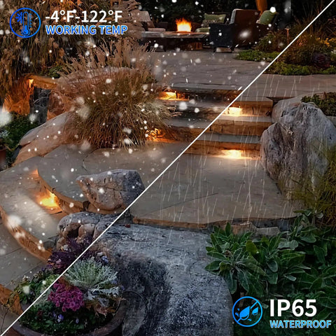 Outdoor pathway with 8 Pack 5W 12 Inch LED Hardscape Paver Lighting Kit in snow and rain, showcasing warm white 2700K lights on stone steps.