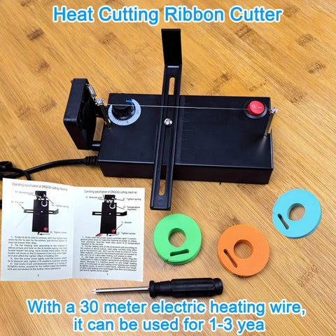 Heat Cutting Ribbon And Rope Cutter Electric With Adjustable Temperature showing machine, colored spools, and screwdriver on wooden surface.
