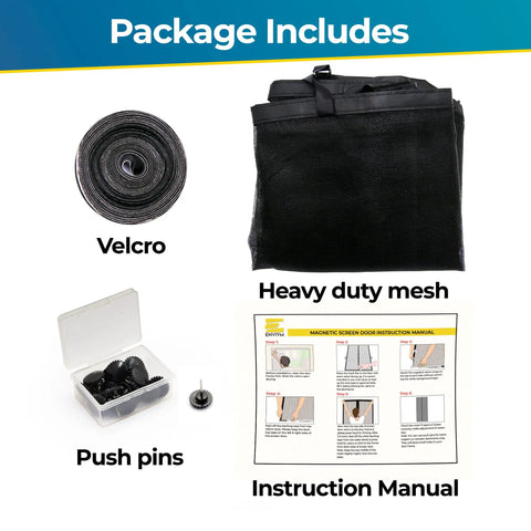 Package contents for Self Sealing Magnetic Screen Door For Pets And Kids With Hands Free Entry Keeps Bugs Out Heavy Duty Mesh