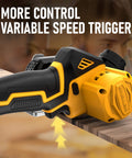 Mini Cordless Circular Saw With Brushless Motor, 3 Inch Blades, 19,500 RPM, showing variable speed trigger, cutting wood