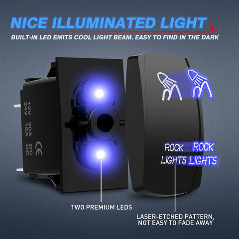 Blue Rock Lights Rocker Switch Kit With 5 Pin SPST On Off Toggle 20A 12V Blue LED Lights Easy Install Includes Jumper Wires