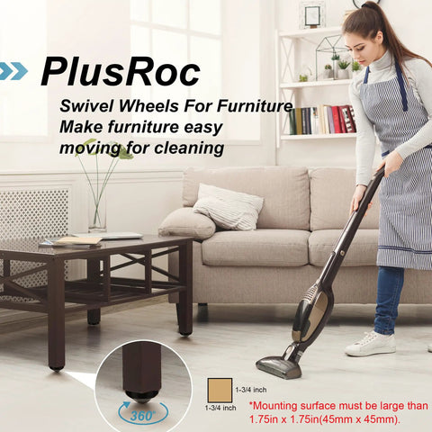 Top Shelf Stainless Steel Furniture Casters Four Pack Anti Rust Heavy Duty Mini Roller Wheels For Couches Sofas Slick Glide Silent Movement One Inch Height Metal Hardware Included Ready To Roll Anytime with a woman cleaning furniture.