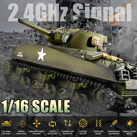 One Sixteenth Scale RC Tank M4A3 Sherman With Two Point Four GHz Remote Control, Realistic Battle Sound And Lights