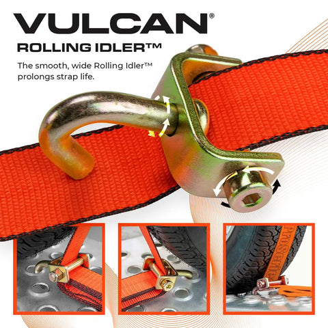 Beefed Up Auto Hauler Tie Down Straps With Rolling Idler, 3 Cleat System, 120 Inch Length, 4 Pack, PRO Series, close-up view