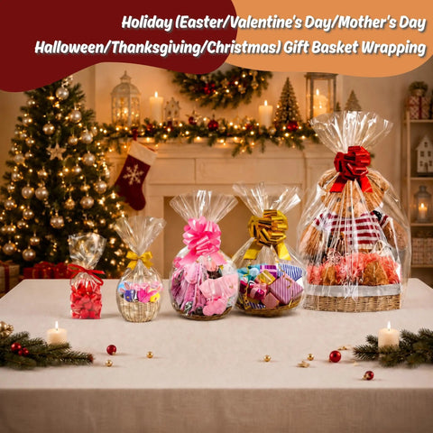 Clear 24 By 30 Inch Cellophane Bags 10 Count For Large Gift Baskets And Big Presents Perfect For Weddings Bridal And Baby Showers Flat No Gusset See Through Gift Wrap Ribbon Not Included around festive gift baskets