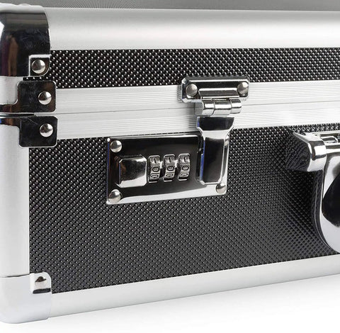 Close-up of lock on Medium Aluminum Hard Case With Pre Cut Foam For Easy Travel And Storage Of Drones And Gear