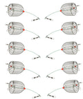 Set Of 10 Carp Fishing Bait Cage Feeder Baskets Stainless Steel Lure Holder Kit With Sizes S M L for coarse fishing shown.