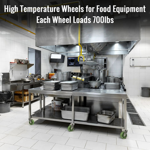 NINOSO high-temperature caster wheels, 4x1.5 in epoxy resin, 5/16 bore, set of 2 installed on stainless steel kitchen cart