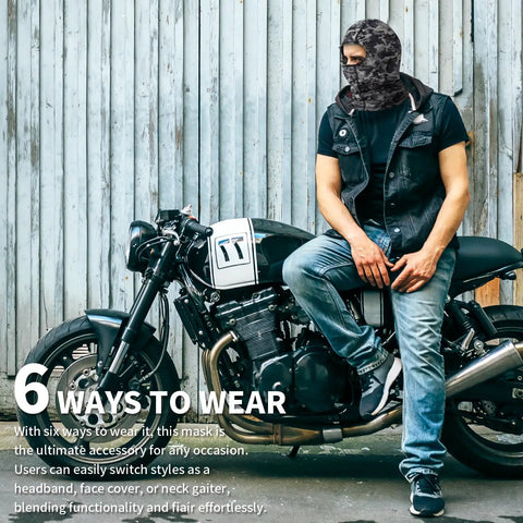 Two Pack Flame Resistant Face Mask Balaclava And Neck Gaiter Featuring Fireproof Layer That Hits Different For Industrial Tasks Motorcycle Rides And Wildfire Prep In Durable Camo Grey worn by a person on a motorcycle.