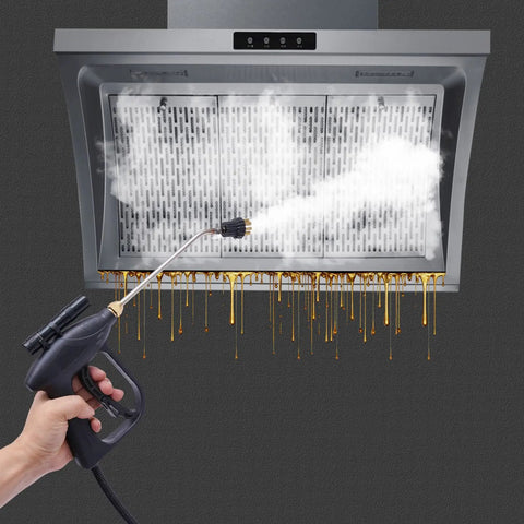 Dude This 1700W Steam Cleaner Is A Total Beast And Perfect For Deep House Cleaning, sanitizing a greasy range hood with steam.