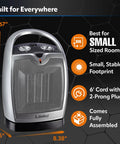 Front view of Oscillating Ceramic Tabletop Space Heater With Adjustable Thermostat Carrying Handle Two Quiet Heat Settings And Fan Only Mode 11.6 Inches Silver Compact Space Saving Home Heating Solution.