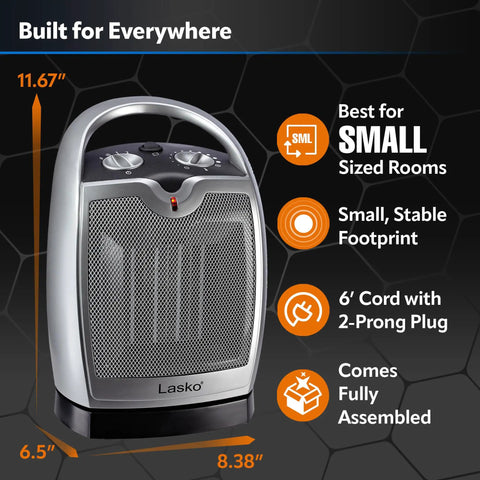 Front view of Oscillating Ceramic Tabletop Space Heater With Adjustable Thermostat Carrying Handle Two Quiet Heat Settings And Fan Only Mode 11.6 Inches Silver Compact Space Saving Home Heating Solution.