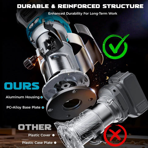 Cordless Router For 18V Battery 800W Brushless Wood Router With 6 Speed Control Depth Adjustment Edge And Roller Guide Includes Router Bits Tool Only No Battery showcasing durable aluminum housing and PC+Alloy base plate next to a less durable plastic model.
