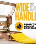 Close-up of zinc ratchet mechanism with yellow strap from Heavy Duty E Track Straps 2 Inch By 12 Foot 10 Pack With Spring E Fittings