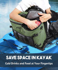 Person placing a can into a green Waterproof Kayak Cooler Bag With Seat Back Design on a blue kayak.