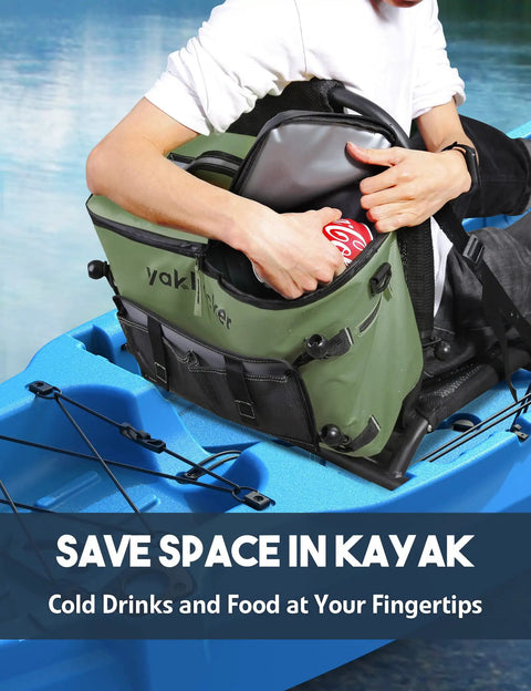 Person placing a can into a green Waterproof Kayak Cooler Bag With Seat Back Design on a blue kayak.